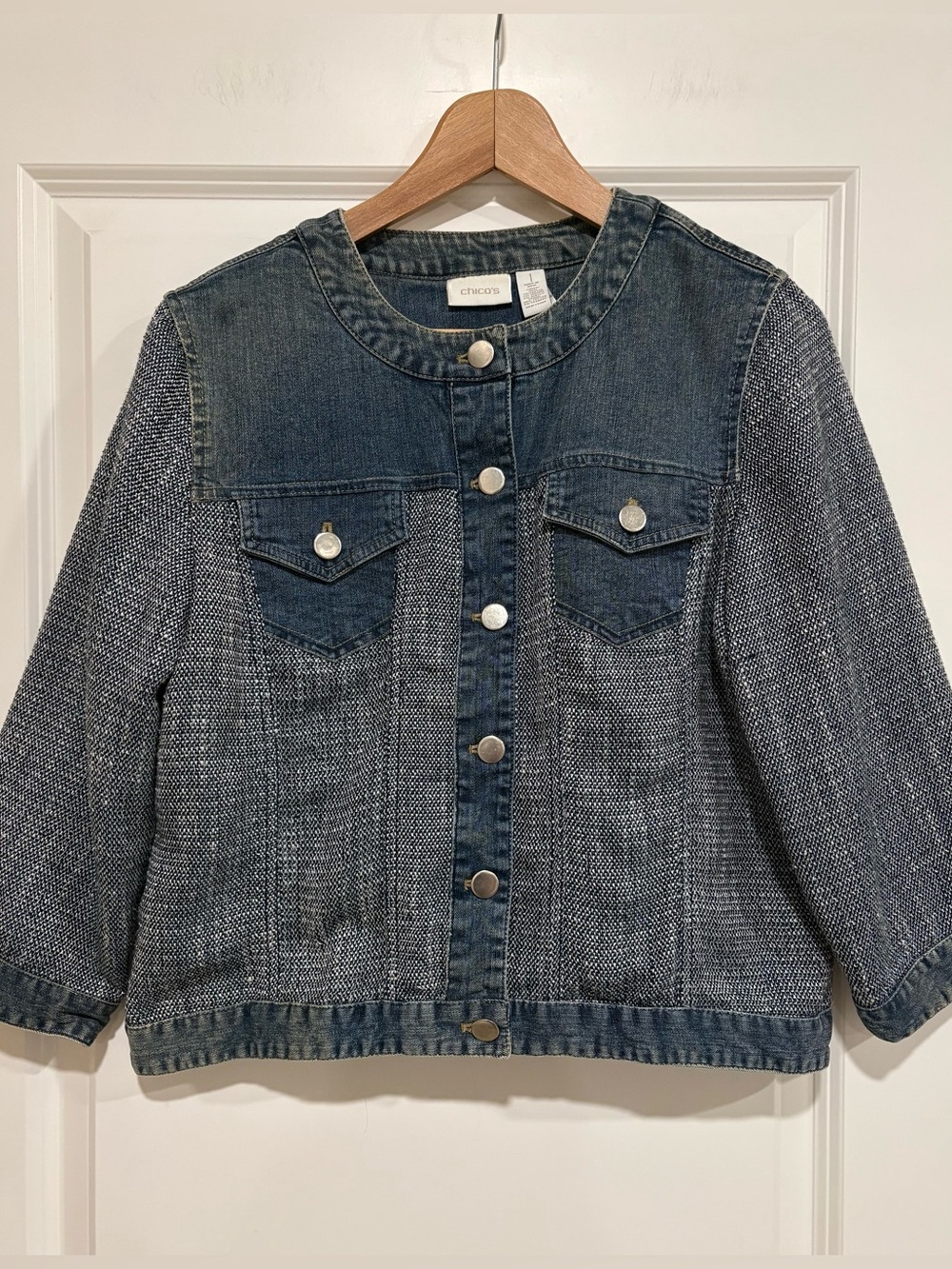 Chico’s Tweed & Denim Trim Collarless Jacket Sz 1 (Medium) Boho Chic - Picture 3 of 7